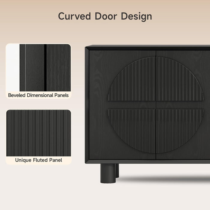 63 Inch Fluted Buffet Cabinet W/Storage, Push-Spring Doors, Black
