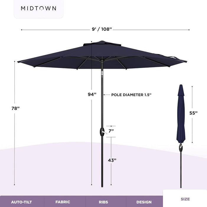 - 10-Year-No-Fade 9 Ft Patio Umbrella with Terylast Fabric, Auto-Tilt Aluminum Frame and 8 Reinforced Ribs for Deck, Pool, Garden & Beach - Navy Blue Canopy, Black Pole