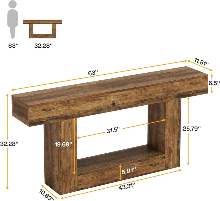 63" Console Table, Farmhouse 2-Tier Entryway Table with U-Shaped Base, Narrow Long Wood Sofa Table behind Couch Table for Living Room, Hallway, Foyer, Vintage Brown