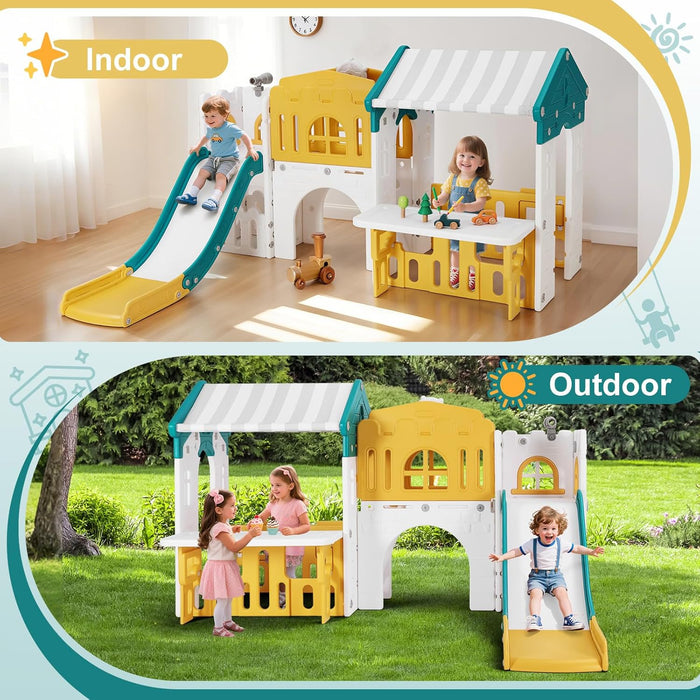 9 in 1 Toddler Slide, Freestanding Kid Climber Slide Playset, Toddler Playhouse with Slide, Basketball Hoop and Climbing Frame, Indoor Outdoor Backyard Playground Toy for Toddlers Age 1-3+