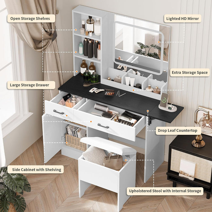 Farmhouse Makeup Vanity Desk with Mirror and Lights | Large Makeup Vanity Table with Power Outlet, Drawers and Cabinet with Storage Bench for Women Girls, Black