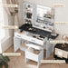 Farmhouse Makeup Vanity Desk with Mirror and Lights | Large Makeup Vanity Table with Power Outlet, Drawers and Cabinet with Storage Bench for Women Girls, Black
