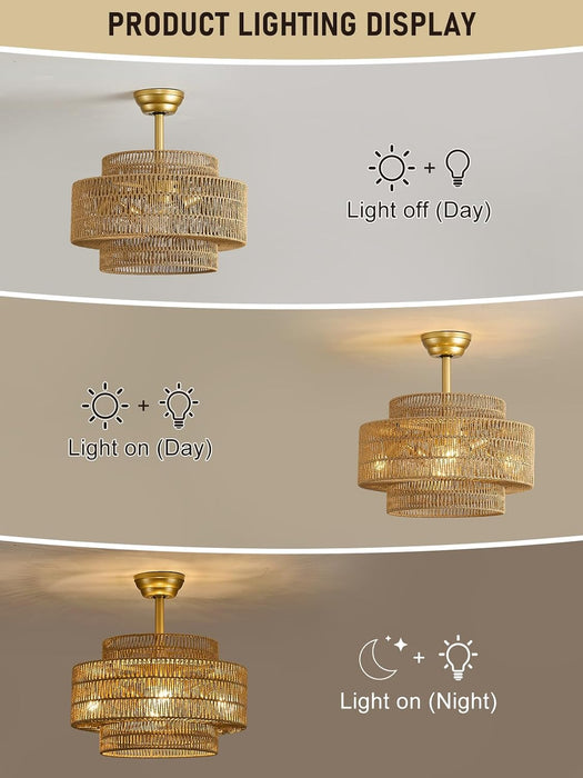 20 Inch Boho Rattan Fandelier Ceiling Fans with Lights and Remote Control