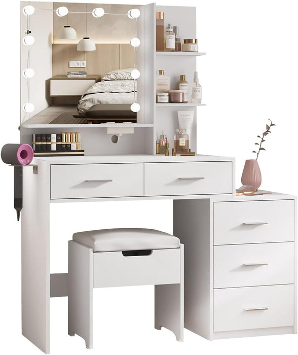 Vanity Desk with Mirror and 10 LED Bulbs, Makeup Vanity Set with Charging Station & Nightstand, 5 Drawers Large Capacity, 2 Open Shelves, Dressing Table with Storage Stool for Bedroom, White