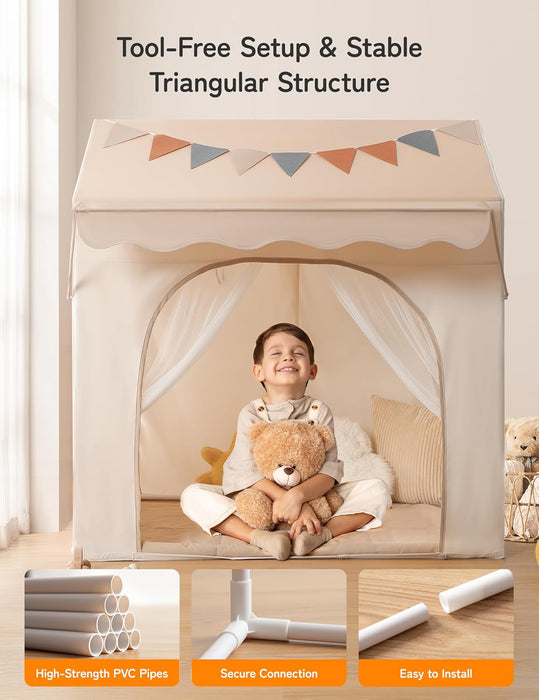 Kids Play Tent with Eave, Toddler Tent 2 in 1 with Padded Mat and Lights, Large Playhouse with 2 Doors & 2 Windows, Indoor & Outdoor, Christmas Toddler Playhouse, 51" X35" X 47"