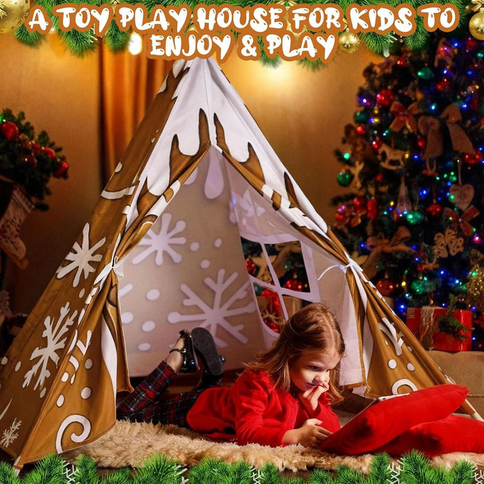 Christmas Gingerbread House Teepee Tent for Kids Gingerbread Play Tent Playhouse Decorations 47X47X55 Inch Foldable 5 Sides with Carry Bag for Toddler Indoor Outdoor Games Party Holiday