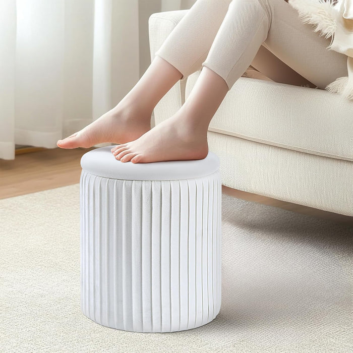 Round Set of 3 Ottoman with Storage-Upholstered Velvet Vanity Stool for Makeup Multifunctional Ottomans Coffee Table Padded Seat Foot Rest for Living Room&Bedroom（White）