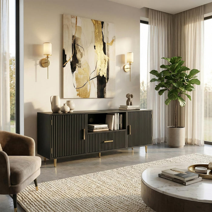 Modern Fluted TV Stand for 55/60/65 Inch TV, 57" Entertainment Center Media Console Table with Drawer & Storage Cabinets, Ribbed Design TV Cabinet Credenza for Living Room, Black