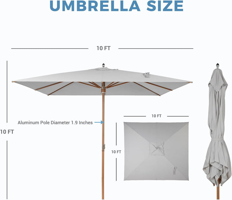 10X10 FT Rectangular Patio Umbrella with 3-Year-No-Fade Olifen Fabric, Outdoor Umbrella with 8 Faux-Wood Grain Aluminum Ribs, Market Umbrella with Pulley Lift for Poolside, Deck, Backyard, Light Gray