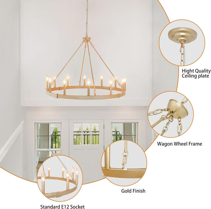 Gold Wagon Wheel Chandelier 37.4 Inch, 12-Light Large round Industrial Gold Farmhouse Chandeliers for High Ceilings Dining Room Living Room Foyer Entryway Outdoor Porch