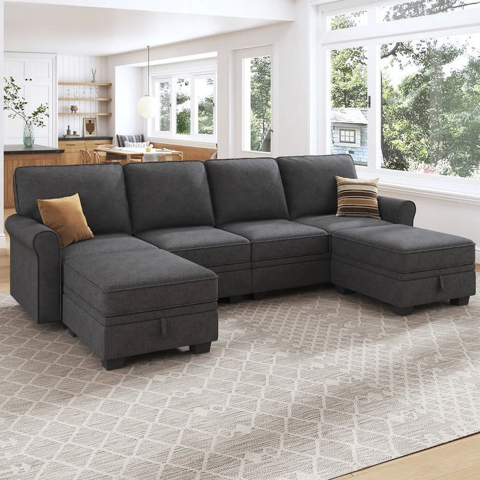 102.4" Contemporary U-Shaped Sectional Storage Sofa and Hidden Storage with Ottomans for Living Room and Apartment, Dark Grey