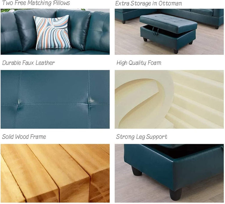 Sectional Sofa Faux Leather Modern L Shaped Couch Set 103.5”Wide Including Chaise and 3 Seating Sofa with Storage Ottoman for Living Room Furniture (Right Hand Facing, A-Denim)