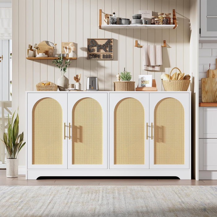59" Rattan Sideboard Buffet Cabinet - Large Storage Cabinet with 4 Doors, Modern Console Table Accent Coffee Bar Cabinet for Living Room, Kitchen, Hallway, Dining Room, White
