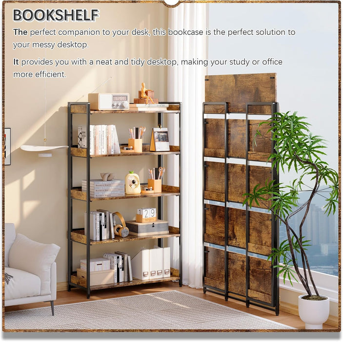 Extra Wdie No Assembly Folding Bookshelf, 64.3" H X 30.9" W, 5 Tier Collapsible Book Shelf Bookcase Foldable Shelves for Bedroom Living Room Home Office - Rustic Brown & Black