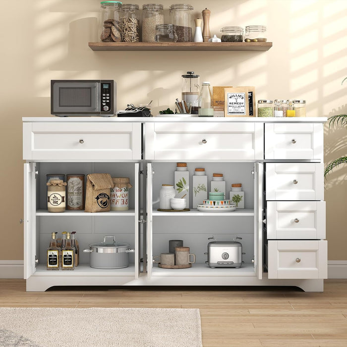 Large Buffet Cabinet with Storage, 59” Kitchen Cabinet with 4 Doors, 6 Drawers & 2 Adjustable Shelves, Modern Sideboard for Living Room, Coffee Bar, White