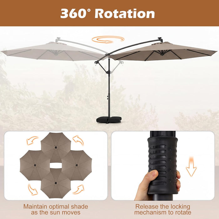 10Ft Solar Patio Umbrella with Base Included, Offset Cantilever Outdoor Umbrella with 32 LED Lights, 360 Degree Rotation, Crank Handle for Pool Deck Garden Backyard (Tan)