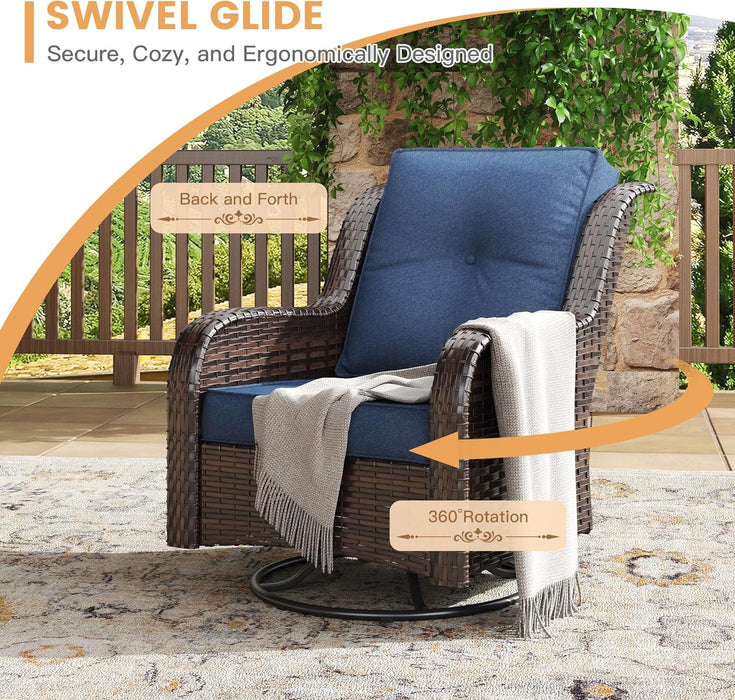 9 Piece Outdoor Patio Furniture Sets,Wicker Conversation Set with 3-Seat Sofa,2 Swivel Chair,2 Side Tables,2 Ottomans,1 Fire Table and 1 Lover Sofa for Garden,Brown Rattan Blue Cushion