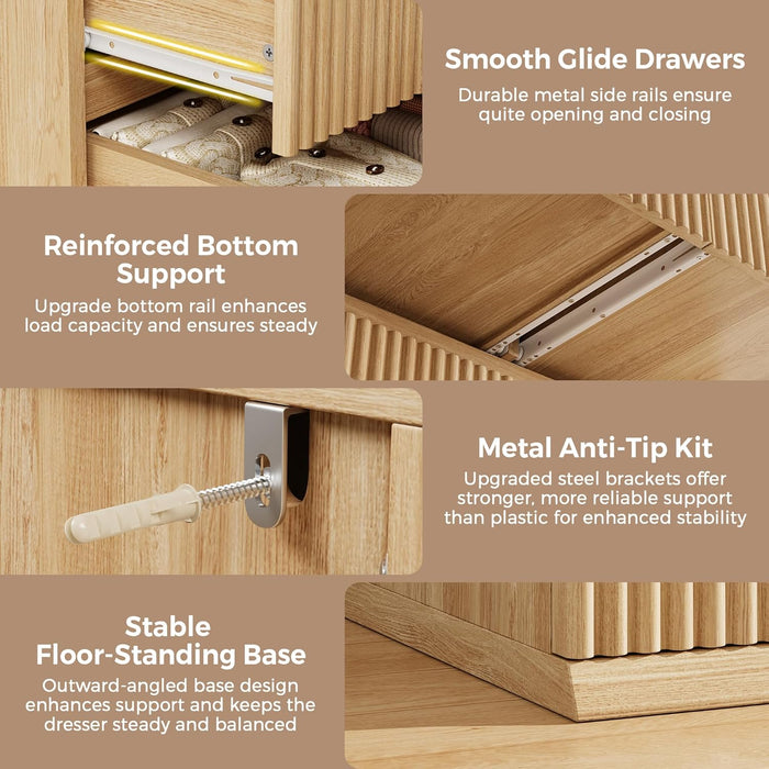Fluted 5 Drawer Dresser for Bedroom, 43" Tall Dresser for Bedroom, Modern Fluted Chest of Drawers, Handle-Free/Floor-Mounted Wood Drawer Dresser for Living Room, Bedroom, Entryway, Hallway (Oak)