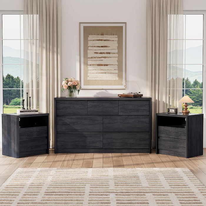 Modern 7 Drawers Dresser for Bedroom, 55" Wide Bedroom Dressers & Chest of Drawers W/Curved Profile, Mid Century Wood Dressers with Handleless Design, Large Dresser for Bedroom Living Room