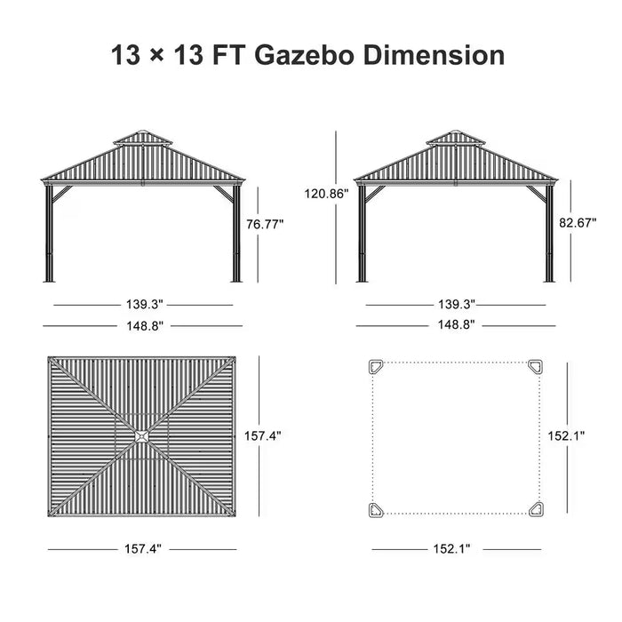 13 Ft. X 13 Ft. Gray Aluminum Power-Coated Frame Galvanized Steel Double Roof Hardtop Gazebo,Hooks, Netting,Gray Curtain