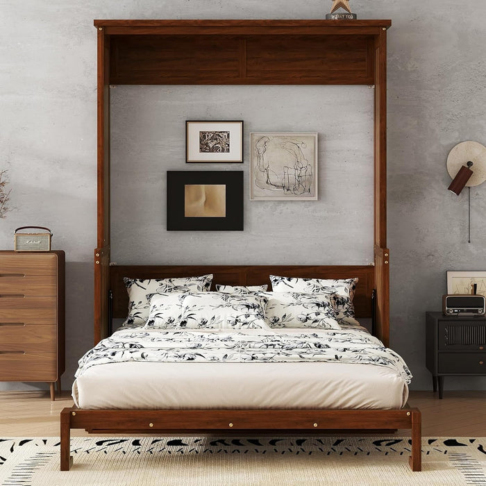 Queen Size Murphy Bed W/Desk,Horizontal Hidden Wall Bed W/Gas Struts,Space-Saving Murphy Bed Cabinet for Home Office,Apartment,Guest Room,Walnut