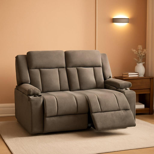 Recliner Loveseat Sofa with Cup Holders, 2-Seater Fabric Reclining Couch, Manual Recliner Wall Hugger for Living Room, Small Spaces, Home Theater (Light Brown)