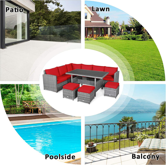 7 Pieces Patio Furniture Set, Outdoor Sectional Rattan Sofa Set with Cushions, All Weather Wicker Conversation Couch Set W/Dining Table & Ottomans for Backyard Garden Poolside