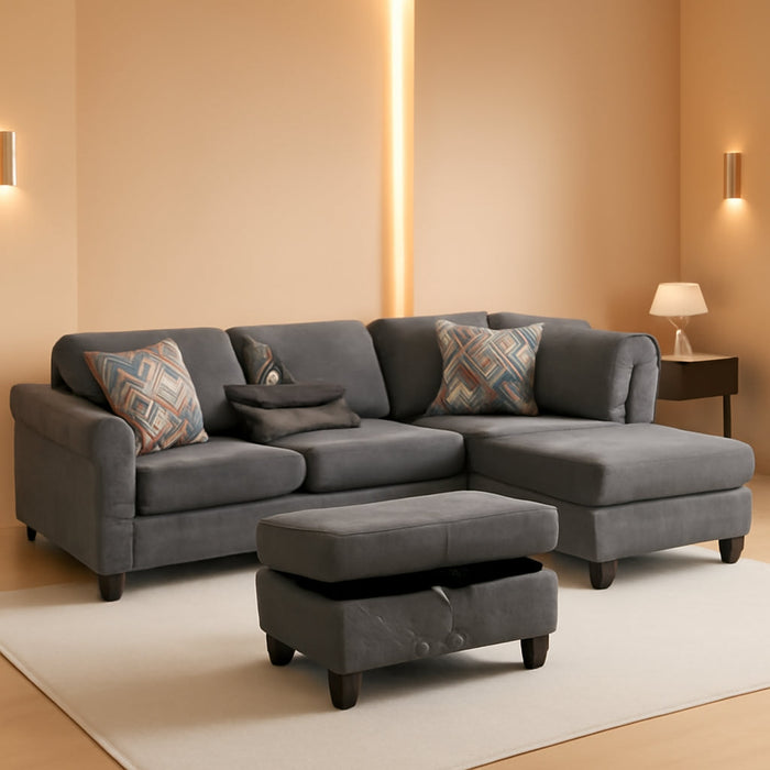 L Shaped Sectional Sofa with Ottoman, Nail-Head Design Linen Right Facing Modern Couches with Cup Holder for Living Room, Bedroom, Office