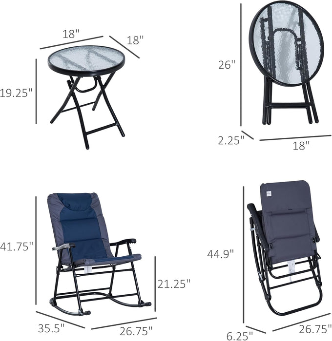 3 Piece Outdoor Patio Furniture Set with Glass Coffee Table & 2 Folding Padded Rocking Chairs, Bistro Style for Porch, Camping, Balcony, Navy Blue