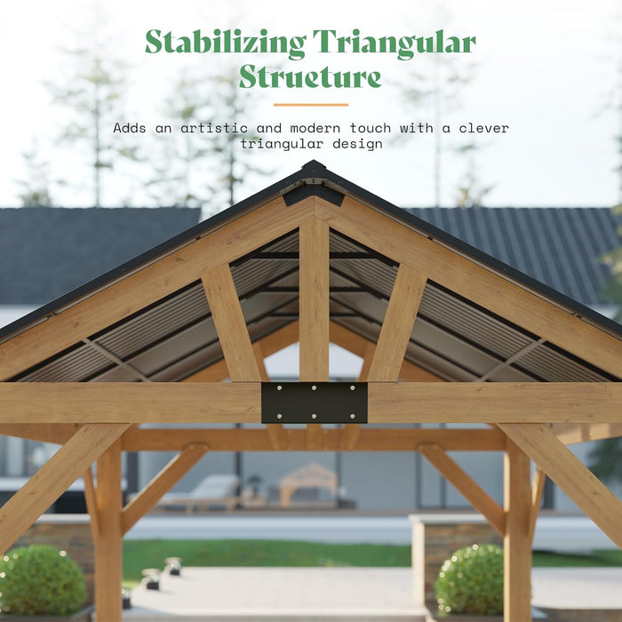 10X12 Ft Spruce Wood Gazebo, Hardtop Pergola with Metal Steel Roof, Outdoor Gazebo with Guest House for Garden, Porch, Patio, Black + Natural Wood