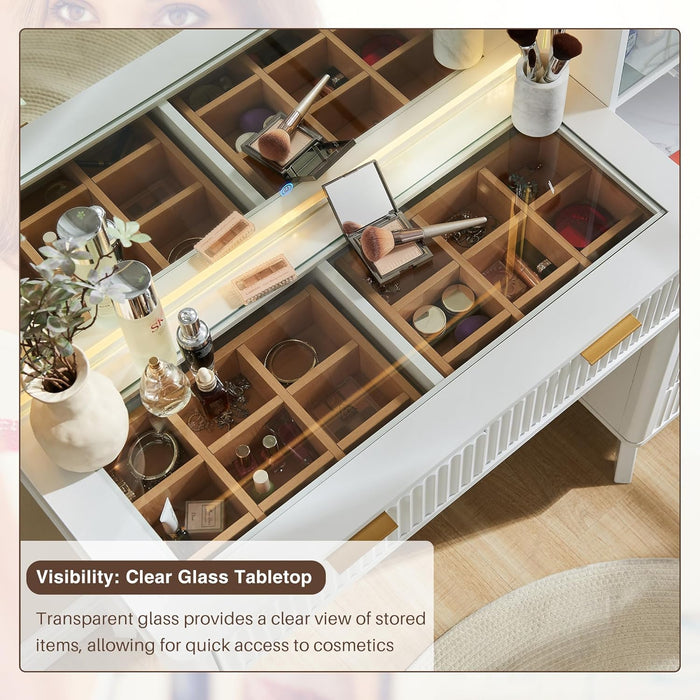 48" Fluted Makeup Vanity Desk with Large 36" Mirror and Lights, Modern Glass Top Big Vanity Table with 5 Drawers & Adjustable Shelves, Dressing Table Set W/Charging Station for Bedroom, White