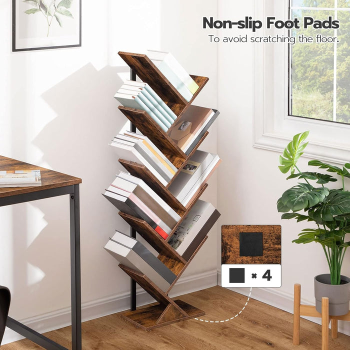Tree Bookshelf, 9-Tier Bookcase Wooden Shelves, Floor Standing Storage Rack, for Display of Cds, Books in Living Room, Home Office, Wood Storage Rack for Bedroom, Rustic Brown BF08SJ01G1