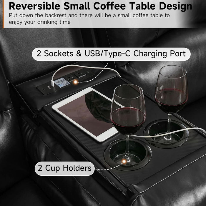 Manual Reclining Loveseat Sofa with Reversible Console, Double Recliner Couch with Cup Holders & Charging Ports, PU Leather 2-Seater Recliner Sofa for Living Room, RV, Small Spaces, Black