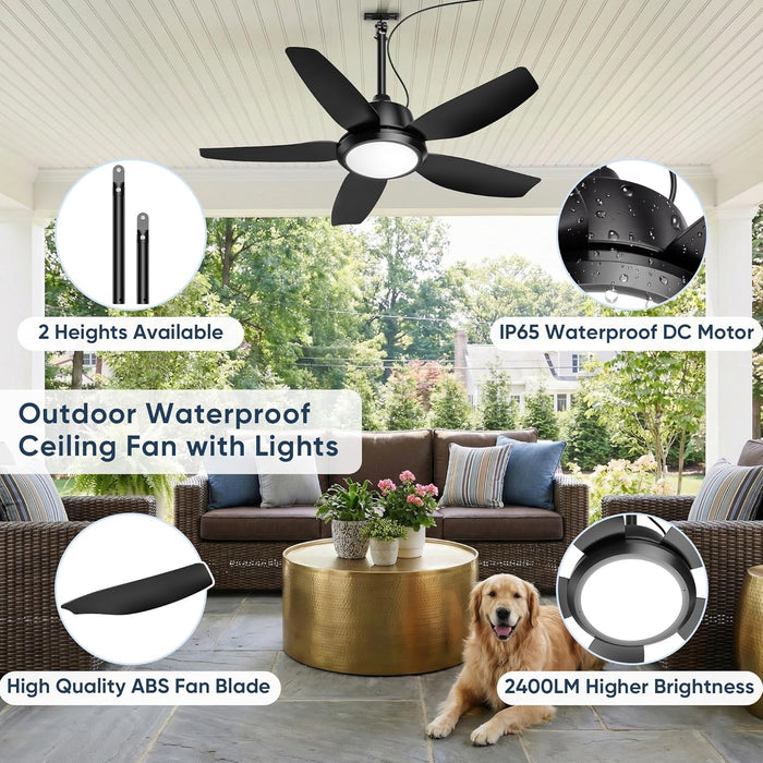 42 Inch Outdoor Ceiling Fan with Lights, IP65 Waterproof, APP & Remote Control, Dimmable 3CCT LED, 6-Speed Quiet DC Motor, Hanging Gazebo Fan Black Plug in Ceiling Fan with Cord for Patios Porch