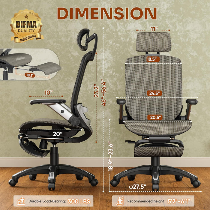 Ergonomic Office Chair with Footrest – High Back Executive Mesh Desk Chair for Corporate & Home, 135° Recline Task Computer Chair with Flip-Up Arms, Wide Seat, Class-4 Cylinder, 300 LBS - GY01BC-FT