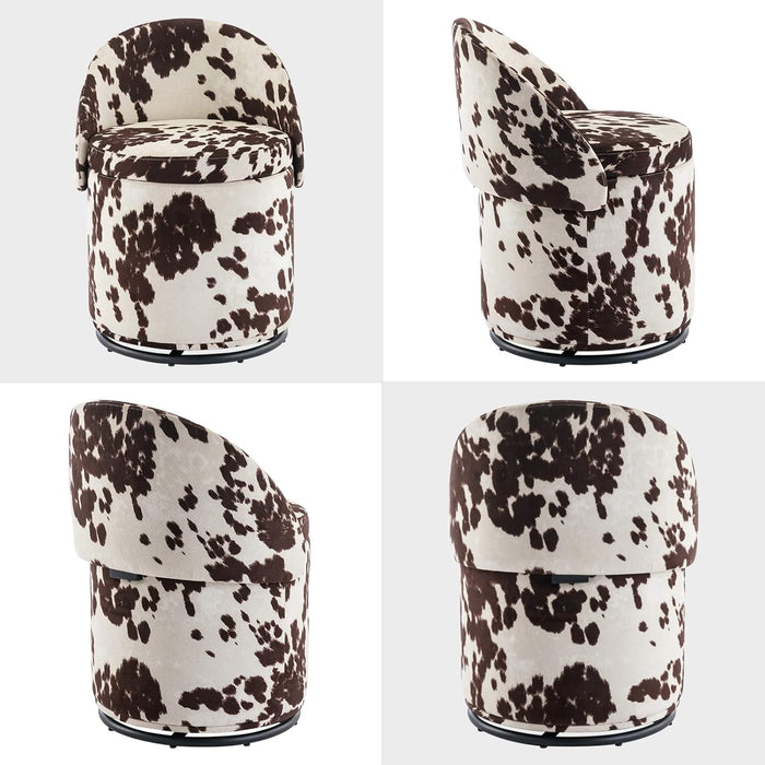 Modern round Swivel Vanity Storage Stool with Foldable Backrest, Linen Upholstered Ottoman with Removable Lid, Footrest Makeup Stool for Living Room Bedroom, Brown Milk Cow