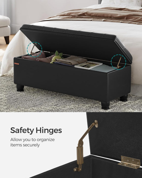 Storage Ottoman, Storage Bench, Tufted Entryway Bedroom Bench, 17.7 X 46.5 X 17.7 Inches, Hinges Easy Lid Operation, Wooden Legs, Synthetic Leather, Loads 330 Lb, Classic Black ULOM071B01