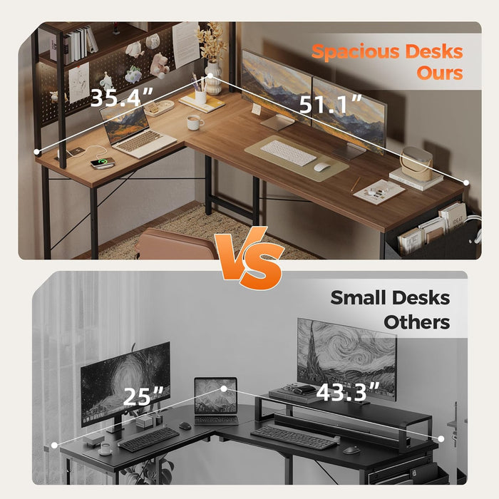50 Inch Large L Shaped Desk with Pegboard Hutch & Shelves, Corner Gaming Desk with Power Outlet, LED Light & Storage Bag, Reversible Computer Desk for Home, Bedroom, Office Workspace, Walnut
