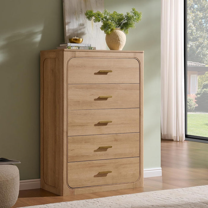 46" Tall Transitional 5-Drawer Dresser for Bedroom, Pale Honey Oak
