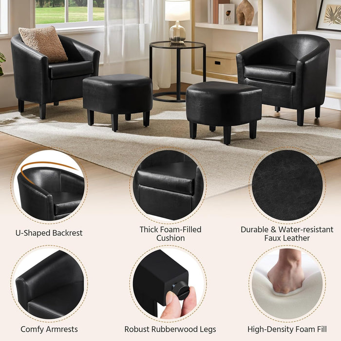 Accent Chair with Ottoman Set, Modern Faux Leather Upholstered Soft Barrel Chair and Footrest, Club Armchair and Footstool for Living Room/Bedroom/Reading Room/Guest Room, Black