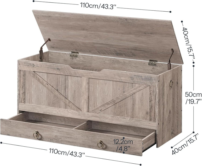 Storage Chest, 43.3" Toy Chest with Drawer, Wooden Storage Bench, Sturdy Entryway Bench Supports 220 Lb, Shoe Bench, Safety Hinge, U-Shaped Opening, Easy Assembly, Greige BG711CW01G1