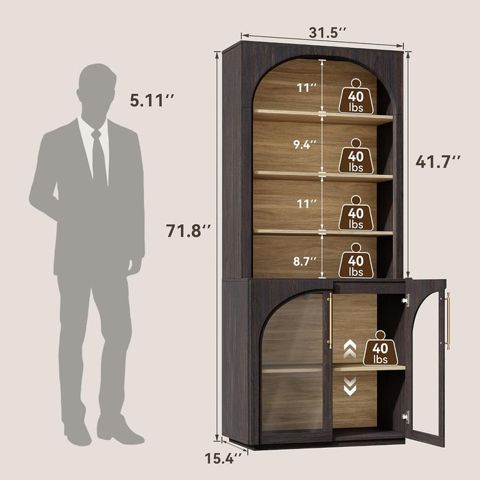 72" Tall Arched Storage Cabinet with Hutch, Bookcase with Open Shelves
