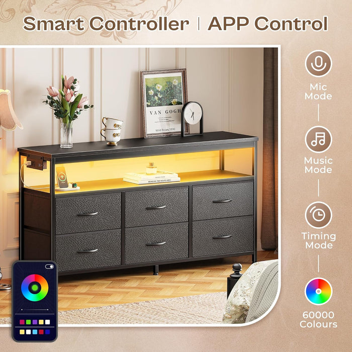 LED TV Stand for Bedroom, 47 Inch Dresser TV Stand for 43, 50, 55 Inch TV, Black TV Stand with Storage, Entertainment Center with Power Outlets, 6 Drawer Fabric Dresser for Living Room