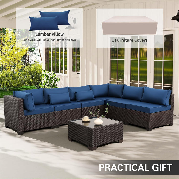 Outdoor Patio Furniture Set 7 Pieces Wicker Sectional Sofa Brown Rattan Conversation Couch with Coffee Table, Anti-Slip Thick Nave Blue Cushion