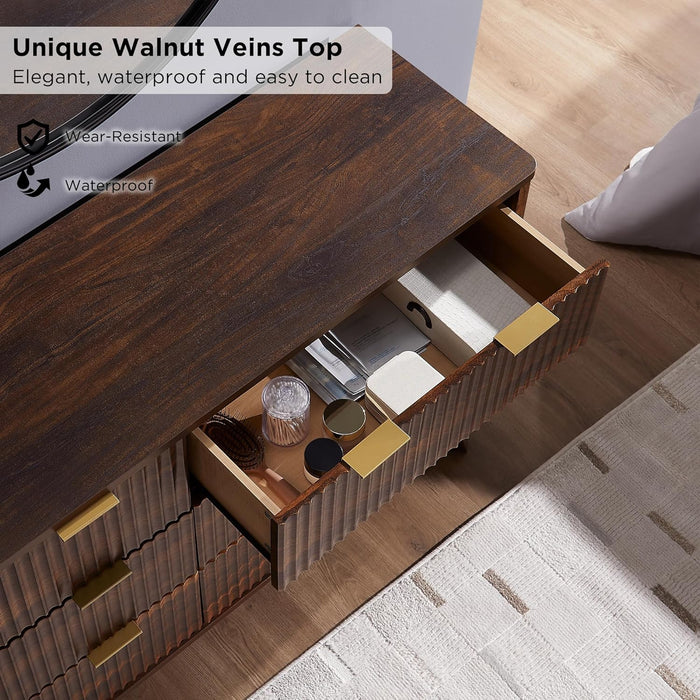 Fluted 6 Drawers Dresser, 54" Wide Modern Chest of Drawers, Curved Profile Design, Dresser TV Stand, Wood Drawer Organizer for Bedroom, Living Room, Hallway, Dark Walnut