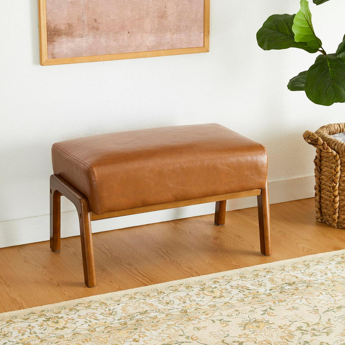 15.5"(H) Footrest Stool, Leatherette Ottoman, Accent Padded Sofa Foot Stool for Accent Chair, Wood Frame Foot Rest Ottoman for Living Room, Bedroom, Yellowish-Brown