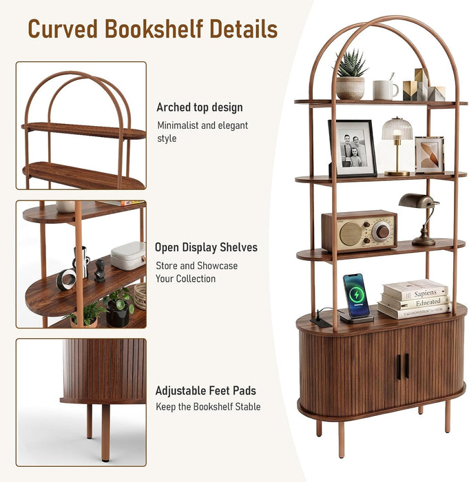 71" Mid Century Modern Arched Bookshelf with Cabinet, Walnut | 4-Tier Tall Bookcase with Sliding Tambour Doors, Freestanding Storage Organizer Book Shelf for Living Room, Home Office