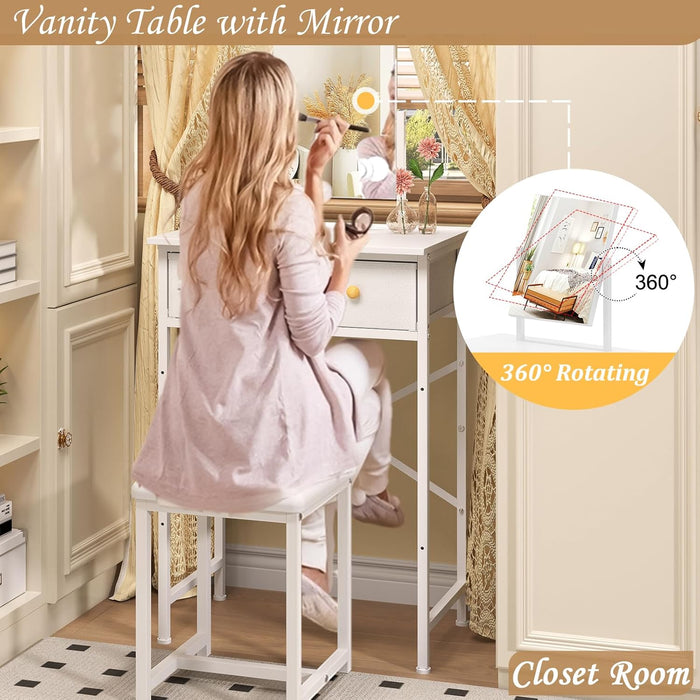 White Contemporary Vanity Desk Featuring Deluxe Mirror