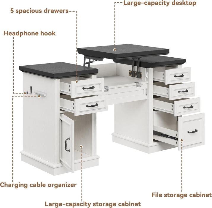 57" Lift Executive Desk with Drawers, Farmhouse Home Office Desk with File Cabinet Storage, Computer Desk with Charging Station & Headphone Hook for Work/Study/Writing (White & Black, Lift)