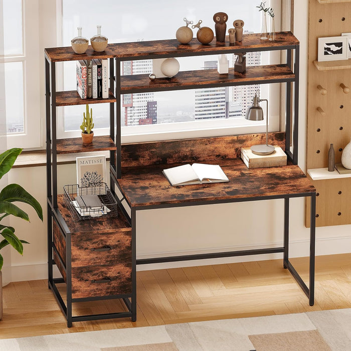 Computer Desk with Drawers and Hutch, 55" Gaming Desk with Storage Shelves, Modern Wooden Study Writing Desk for Bedroom Home Office, Brown